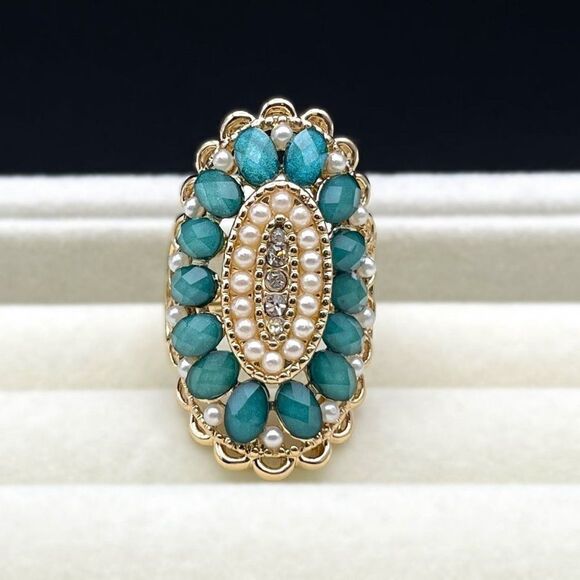 Yellow Gold with Diamond Crystal Pearl and Turquoise Gem Statement Ring Size 7 - Picture 2 of 8